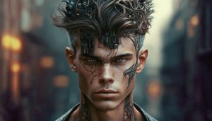 A trendy man, half AI, half human, thinking about opportunities in AI