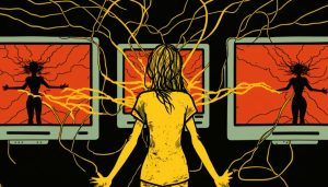 A woman standing in front of many red and yellow flashing computer screens showing the dangers of AI