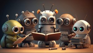 cute robots reading a book together illustrating their need for training for societal en ethical impact of AI