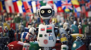 A natural language processor surrounded by language flags