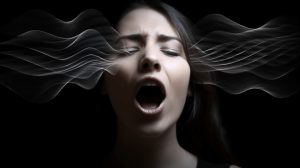 Singing woman with soundwaves coming out of her mouth
