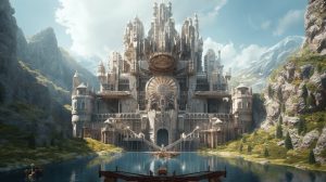 Futuristic castle with moat that represents the inpenetrable fort Google tries to create agains open source AI