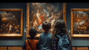 3 children looking at paintings in a museum