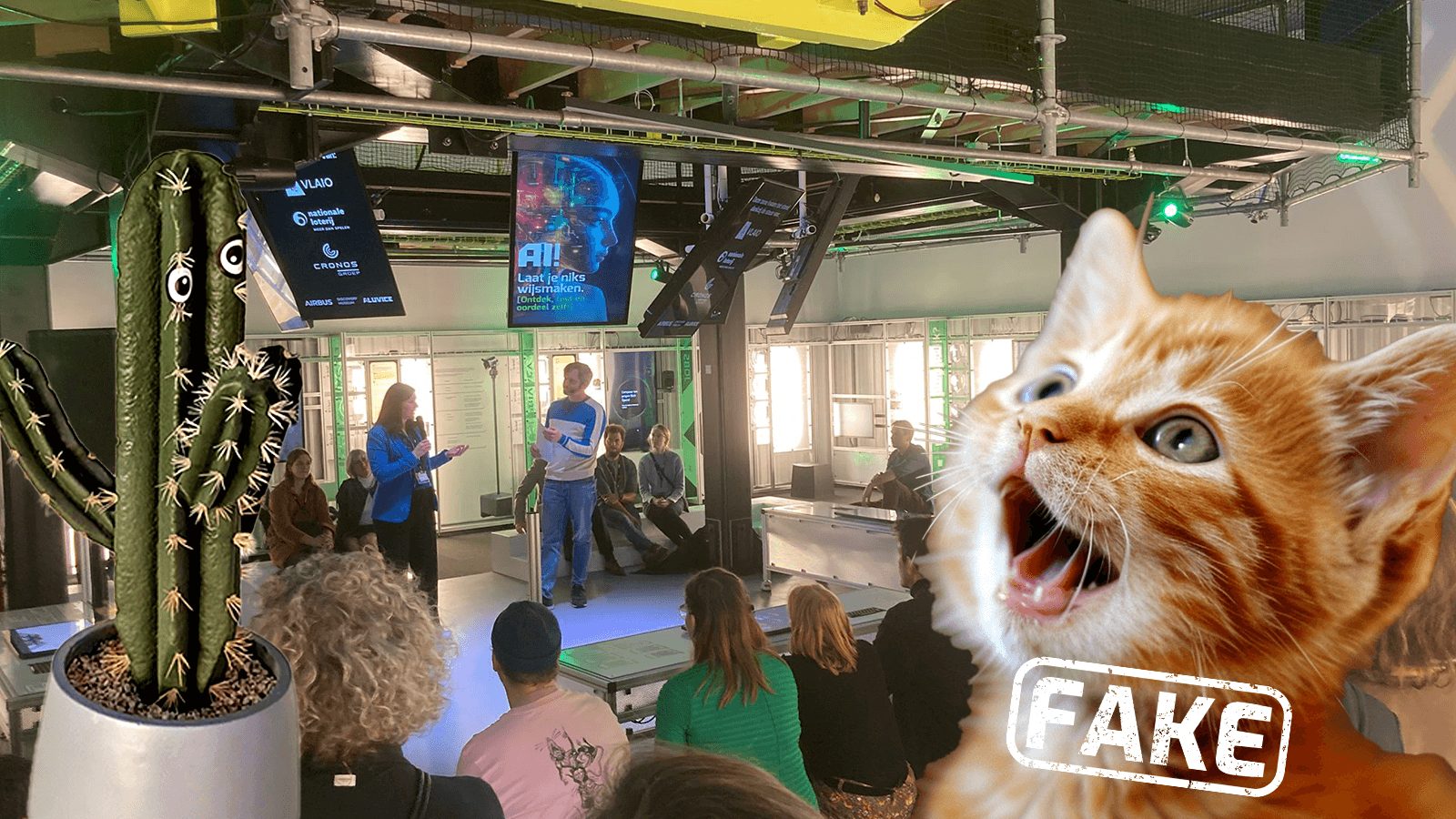 Overview of the AI zone at Technopolis Mechelen with the talking cactus exhibit and the AI cats game