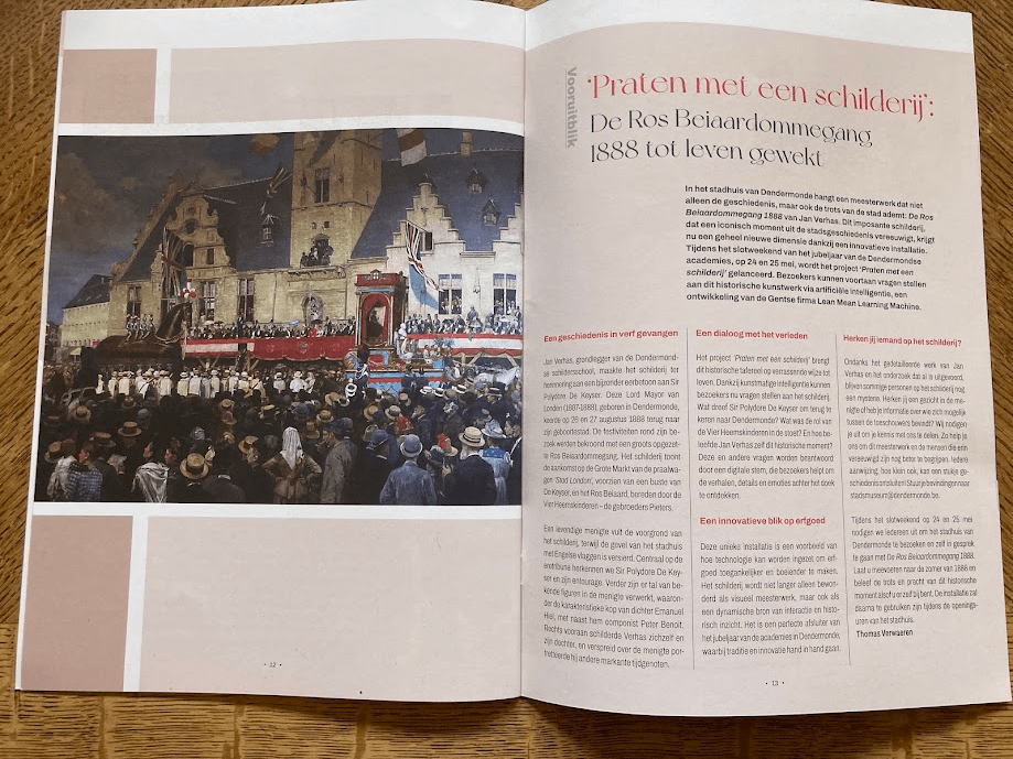 City magazine spread announcing Praten met een schilderij, with a photo of the Verhas painting on the left page
