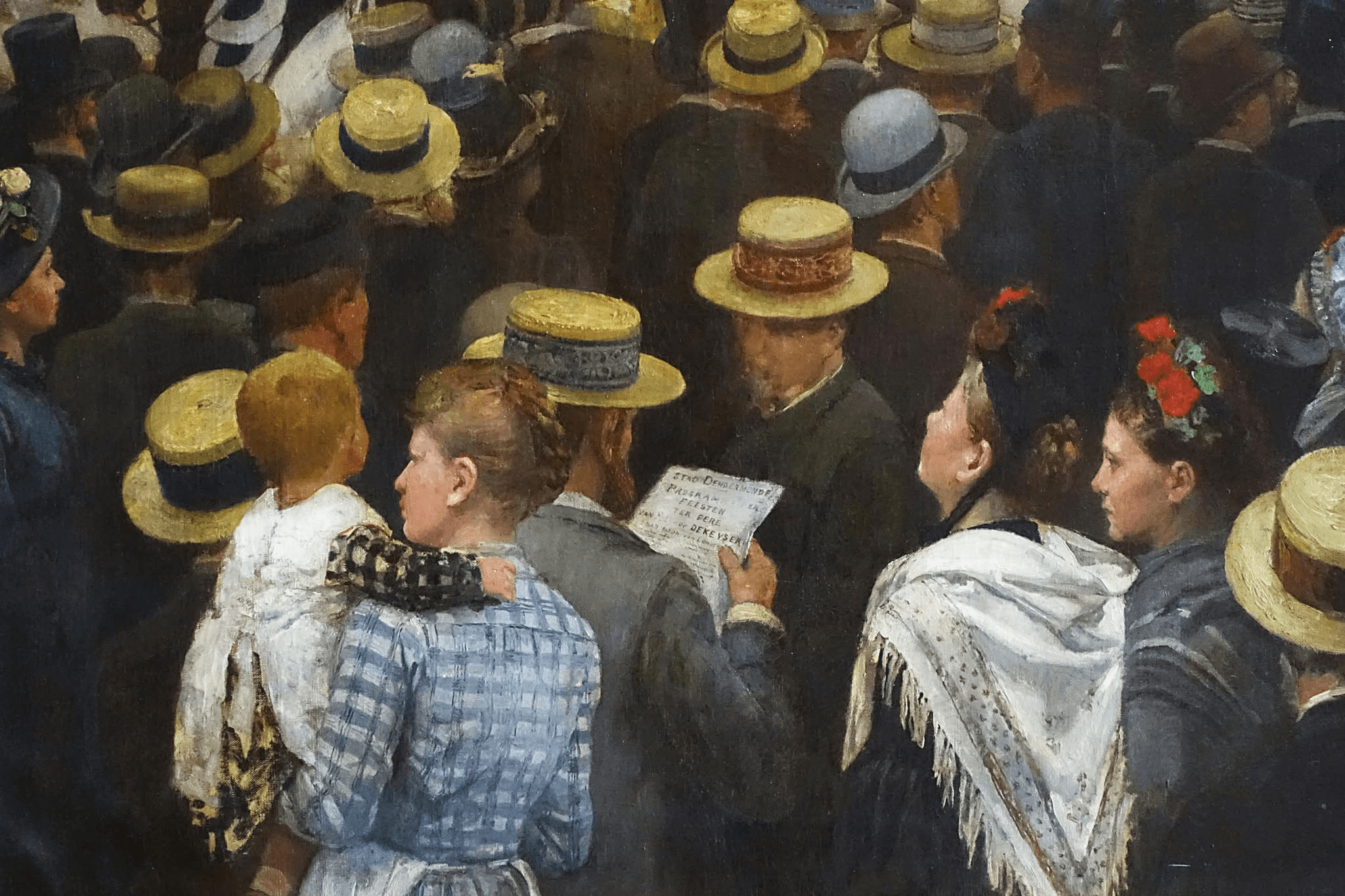 Painted detail of the crowd: straw hats, a child on an arm and a man reading the festival programme