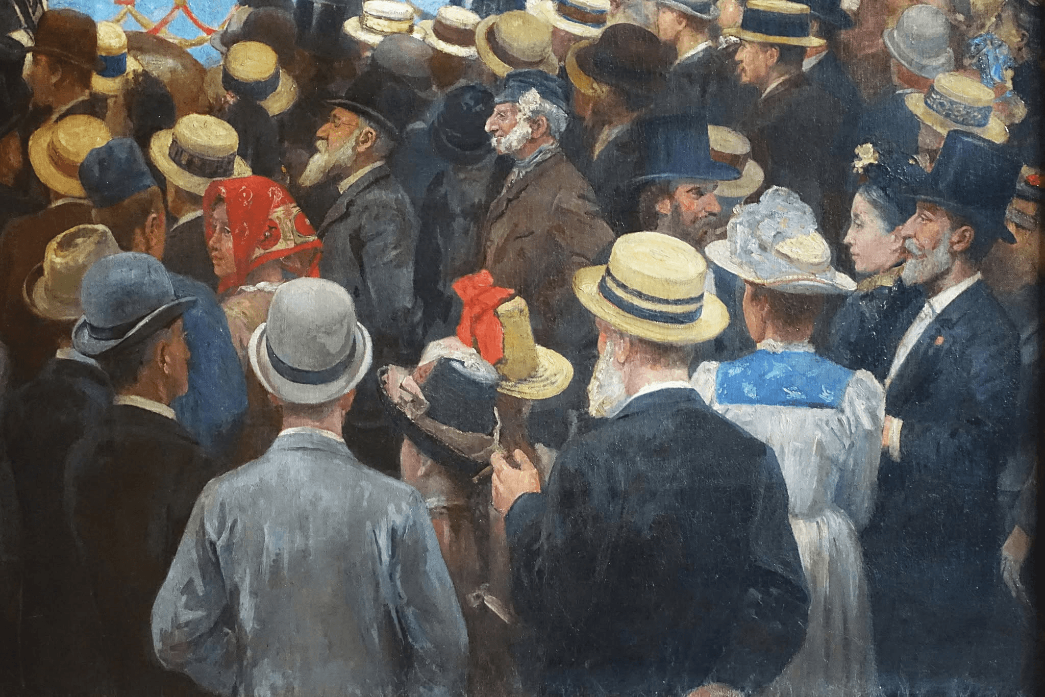 Painted detail of the crowd looking up, bowler hats and a woman in a red headscarf among them