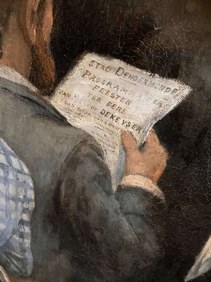 Painted detail of a man holding the printed programme of the Stad Dendermonde festivities