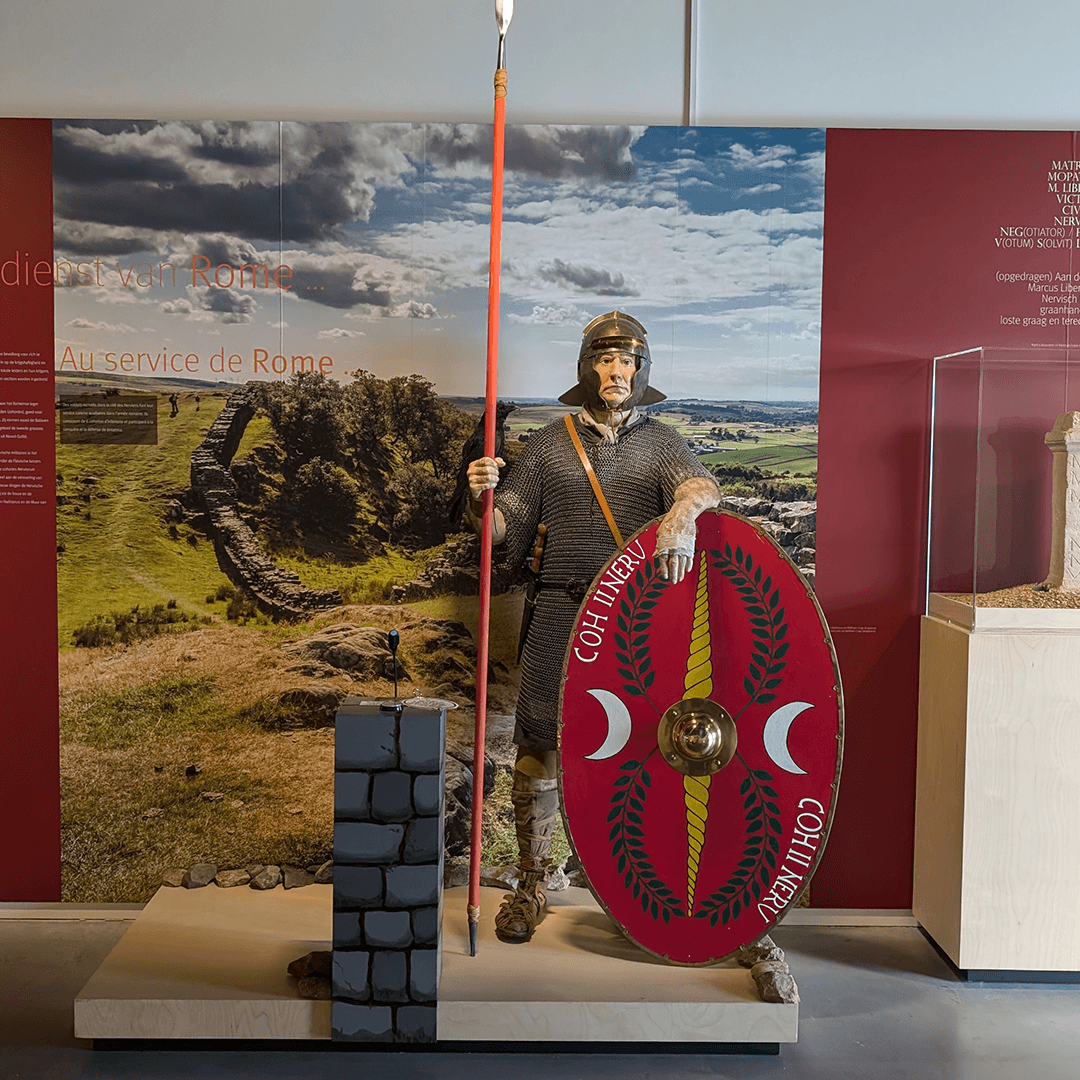 Julius Felix, the life-sized Roman auxiliary, standing in the Archeocentrum Velzeke, front view