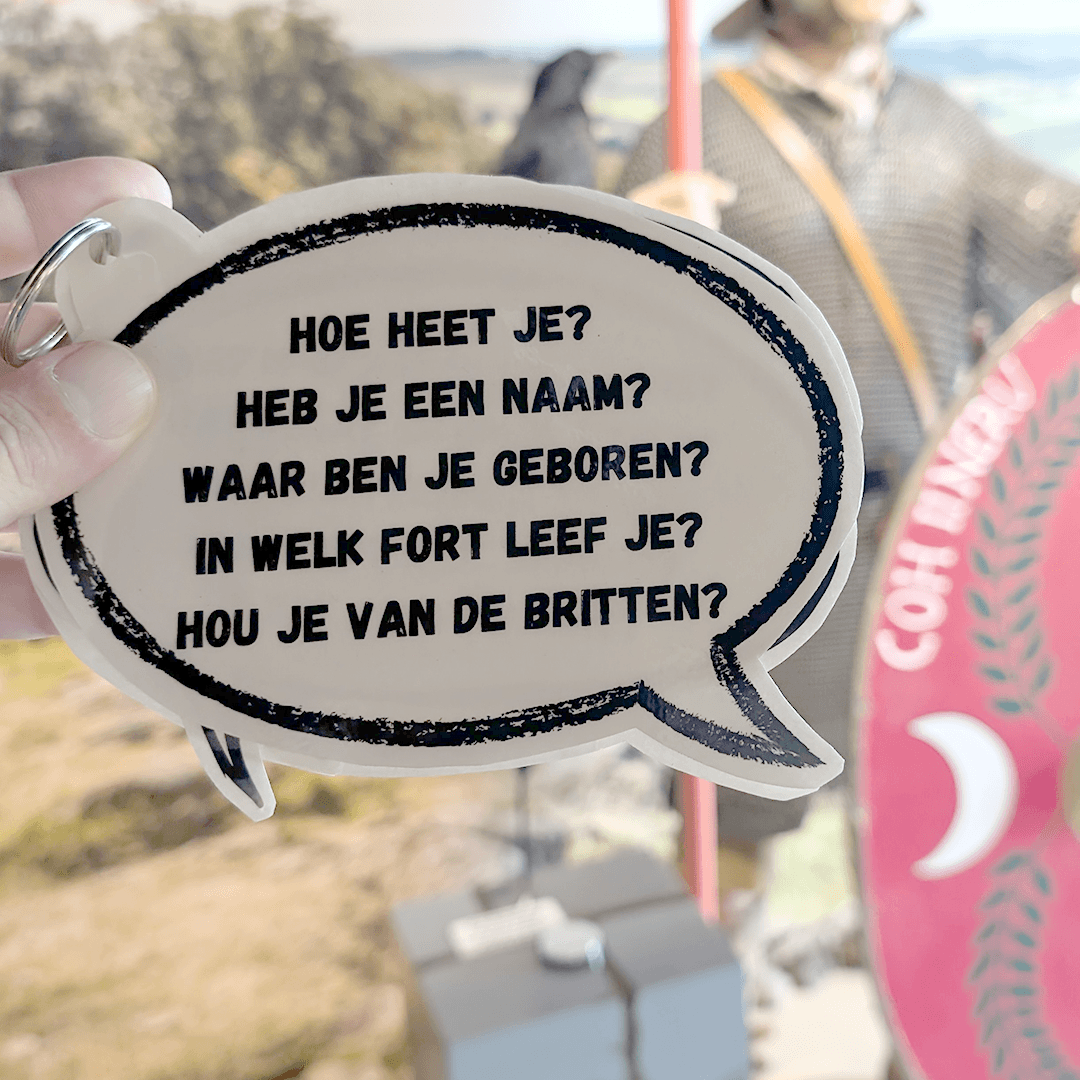 A second printed card with example questions for the Roman soldiers in the Archeocentrum Velzeke