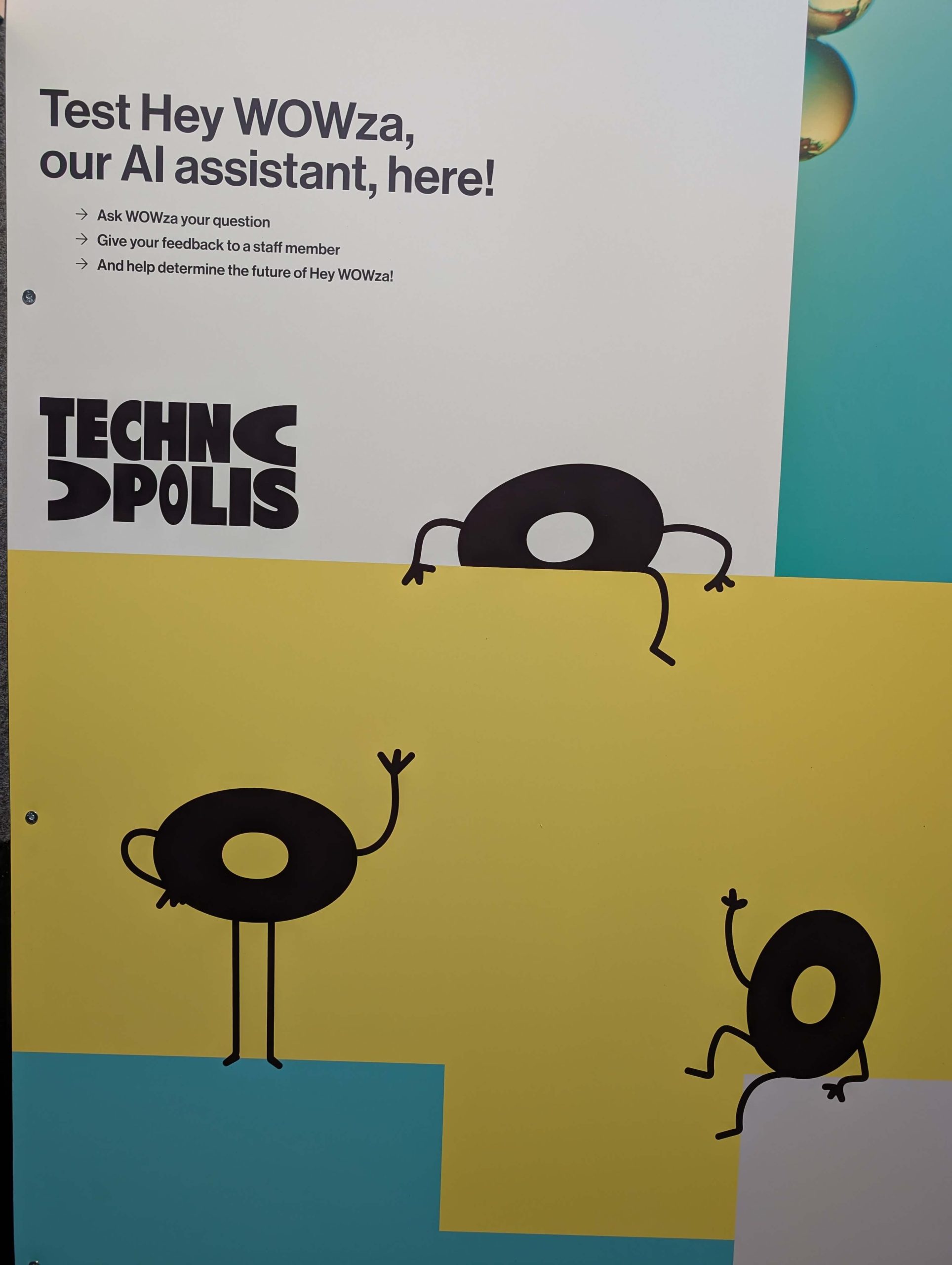 The English part of the side panel: Test Hey WOWza, our AI assistant, here, with the Technopolis logo and climbing Wowza characters