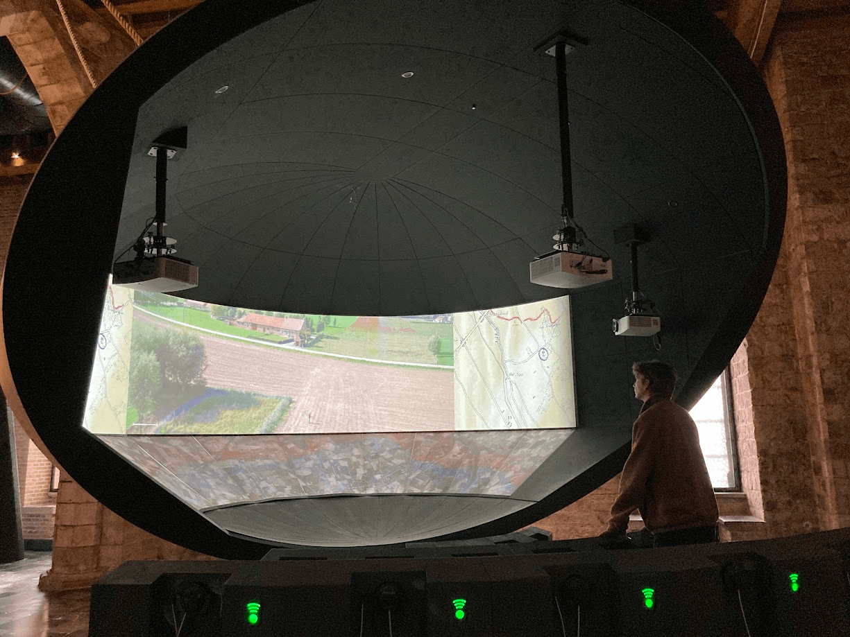 The large video dome inside the In Flanders Fields Museum, projecting footage above visitors