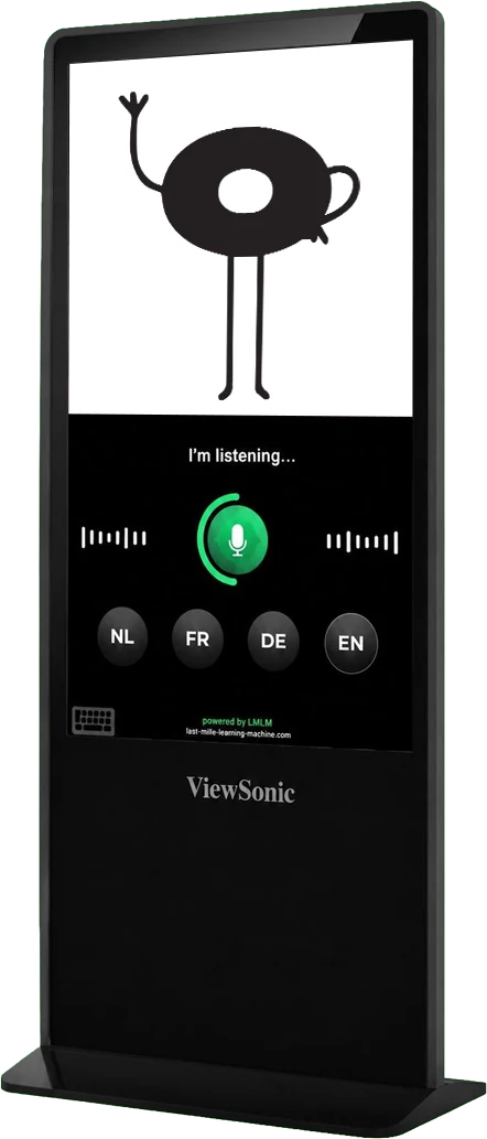 A Talking Point kiosk: a tall screen with a character, a talk button and language buttons